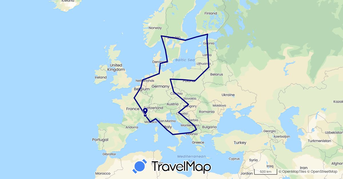 TravelMap itinerary: driving in Albania, Belgium, Czech Republic, Germany, Denmark, Estonia, Finland, France, Croatia, Hungary, Italy, Lithuania, Macedonia, Netherlands, Norway, Poland, Sweden, Kosovo (Europe)