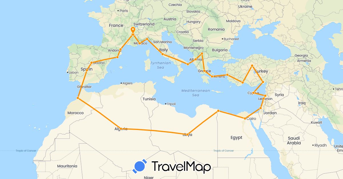 TravelMap itinerary: driving, hitchhiking in Albania, Cyprus, Algeria, Egypt, Spain, France, Greece, Israel, Italy, Lebanon, Libya, Morocco, Macedonia, Turkey (Africa, Asia, Europe)